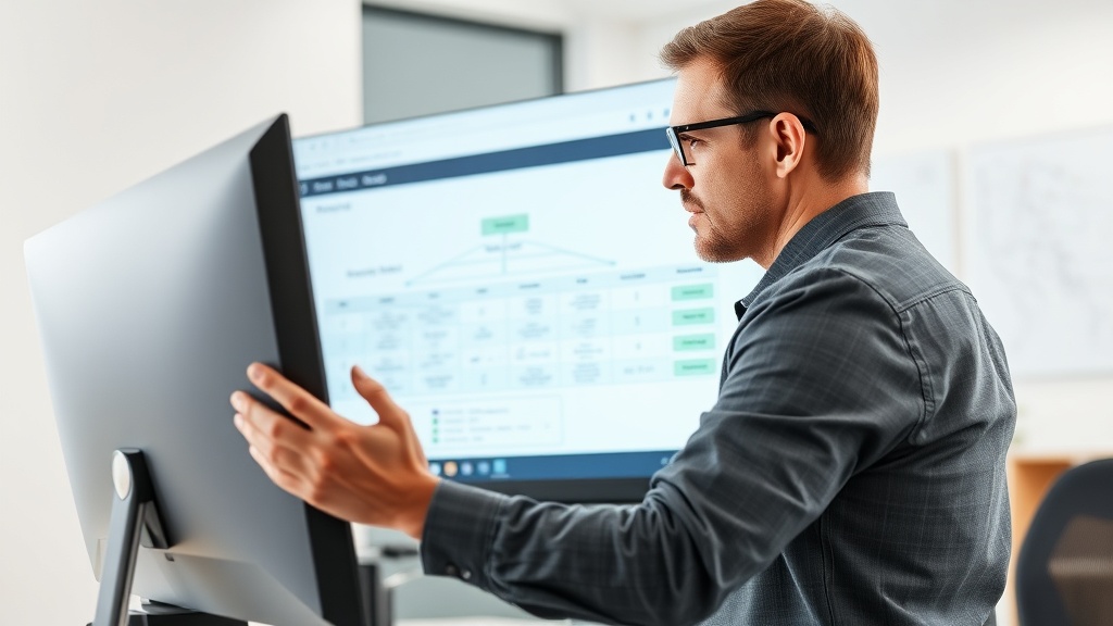 전문가가 복잡한 교육 커리큘럼 구조를 모니터로 세밀하게 분석하며 실무 적용 가능성을 검토하는 장면