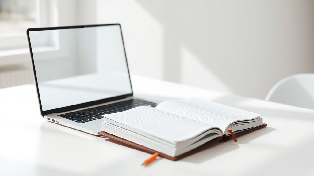 책상 위에 노트북과 노트가 펼쳐져 있고 체계적으로 학습을 준비하는 온라인 학습 환경