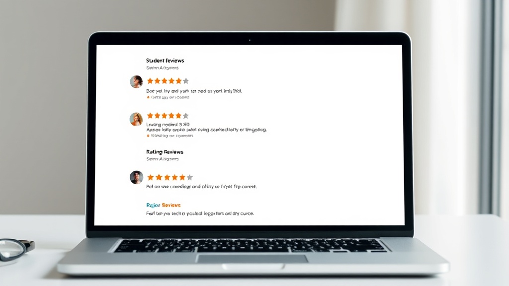 노트북 화면에 띄워진 다양한 수강생들의 텍스트 후기와 별점 그래프가 나열된 모습